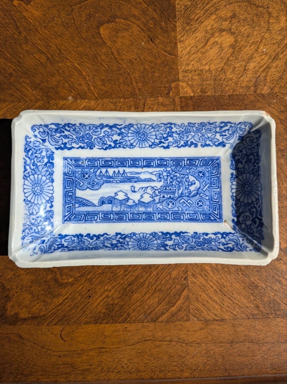 Antique Japanese Blue & White Rectangular Dish - 7.75" - Meiji Era Landscape